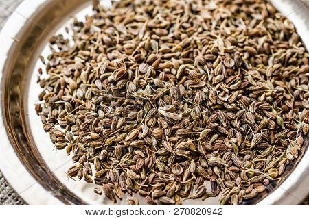 Dried Anise Seed Or Aniseed On Silver Plate. (anason). Organic Concept.