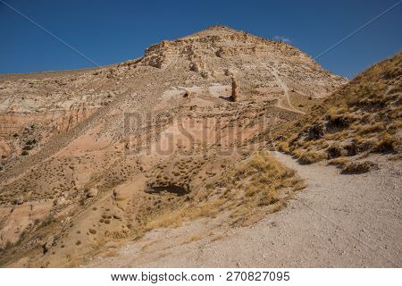 Beautiful Landscape In The Pink Valley, Gulludere. Aktepe Hill White Mountain. Cappadocia, Turkey