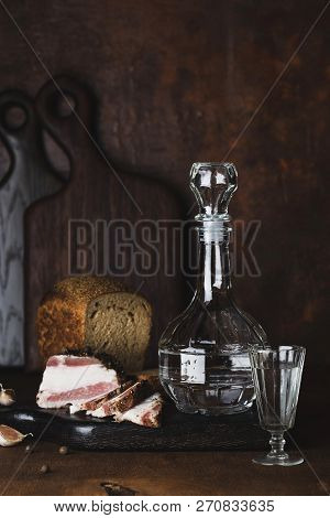 Still Life With Vodka, Bread And Bacon In Russian Style