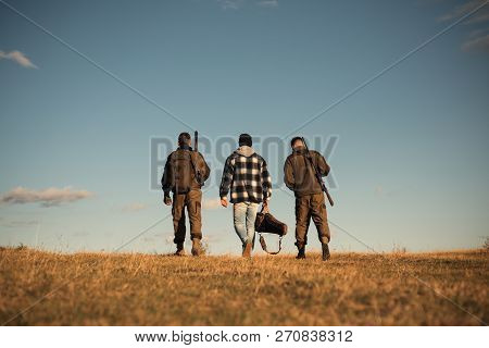 Hunting Equipment For Sale. Hunter With Shotgun Gun On Hunt. Hunting Gear And Hunting Clothing