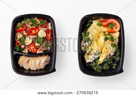 Healthy Home Made Meal In Plastic Conteiner For Taking Away Lunch, Top View, Isolated