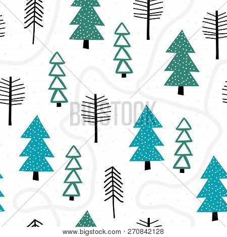Winter Seamless Pattern With Fir Trees And Pines In Snow. Winter Forest Background. Vector Illustrat