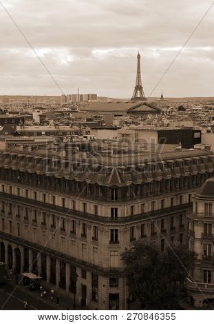 Panorama Paris With Eiffel Tower And More Ancient Palaces And Sepia Toned Effect