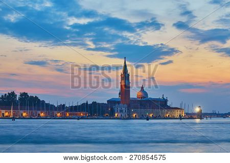 Scenic View Of St George Church And Island In The Giudecca Canal, As Seen At Night From St Marks Dis