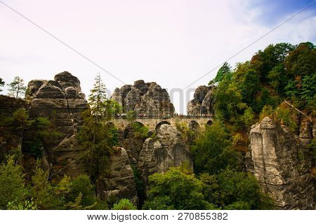 Saxon Switzerland National Park, Germany 04.08.18. Scenic Autumn View On The Bastei Bridge,
