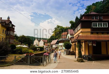 Rathen, Germany - August 4th, 2018: Rathen, Saxon Switzerland National Park. View Of German Houses O