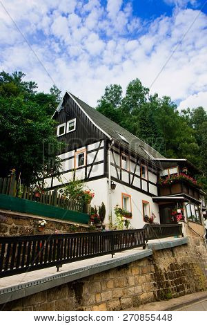 Rathen, Germany - August 4th, 2018: Rathen, Saxon Switzerland National Park. View Of German Houses O