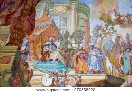 BRONNBACH, GERMANY - JULY 07, 2018: Jacob with his sons before the Pharaoh, ceiling fresco by Johann Adam Remele in Joseph Hall, Cistercian Abbey of Bronbach in Reicholzheim near Wertheim, Germany