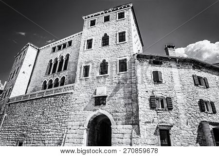 Soardo-bembo Palace, Bale, Istria, Croatia. Travel Destination. Architectural Theme. Black And White