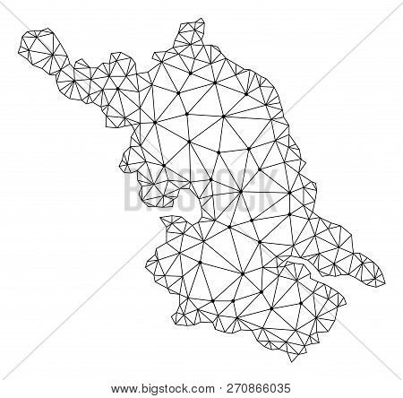 Polygonal Mesh Map Of Jiangsu Province In Black Color. Abstract Mesh Lines, Triangles And Points Wit