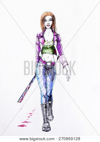 Figure Pen And Pencil, A Girl With A Bloody Machete Walking Down The Street. Referring To Kill Bill,