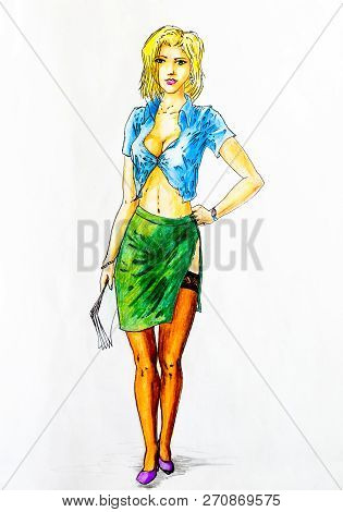 Beautiful Girl In Stockings And A Green Skirt. Blonde With A Sexy Neckline. Pencil Drawing