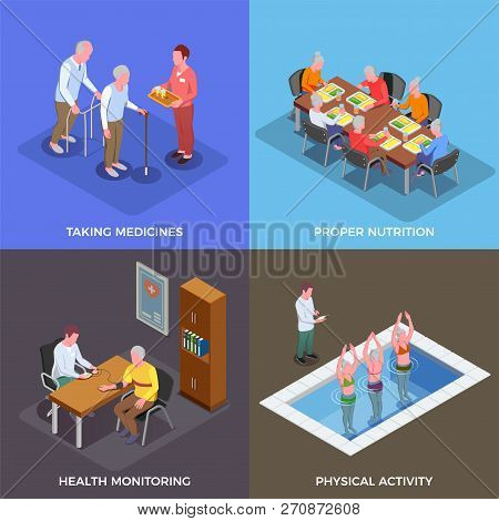 Nursing Home  2x2 Design Concept Set Of Taking Medicines Proper Nutrition Health Monitoring Physical