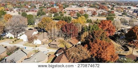 Panoramic Aerial View Residential Neighborhood In Fall Season In Texas, America