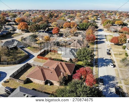 Aerial View Residential Neighborhood In Fall Season In Texas, America