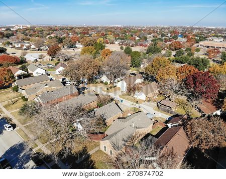 Aerial View Residential Neighborhood In Fall Season In Texas, America