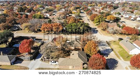 Panoramic Aerial View Residential Neighborhood In Fall Season In Texas, America