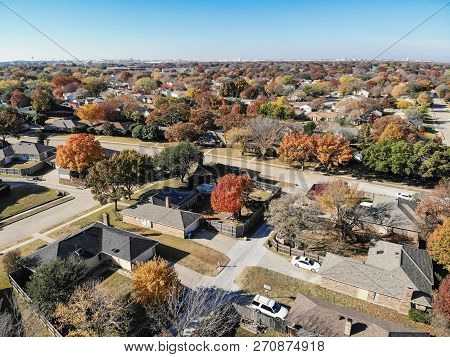 Aerial View Residential Neighborhood In Fall Season In Texas, America