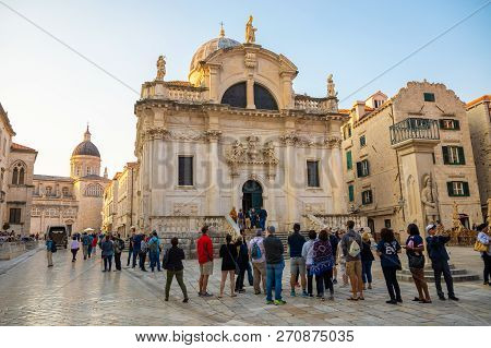 Dubrovnik, Croatia - 20.10.2018: Square At St Blaise Church And People At Stradun Street In The Old 