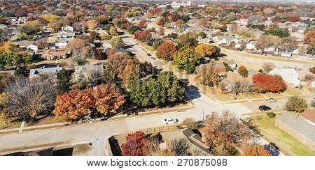 Panoramic Aerial View Residential Neighborhood In Fall Season In Texas, America
