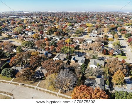 Aerial View Residential Neighborhood In Fall Season In Texas, America