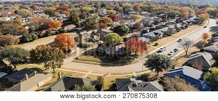 Panoramic Aerial View Residential Neighborhood In Fall Season In Texas, America