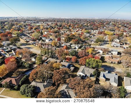 Aerial View Residential Neighborhood In Fall Season In Texas, America