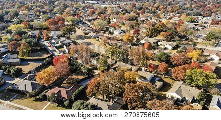 Panoramic Aerial View Residential Neighborhood In Fall Season In Texas, America