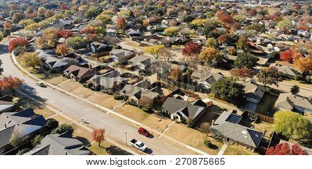 Panoramic Aerial View Residential Neighborhood In Fall Season In Texas, America