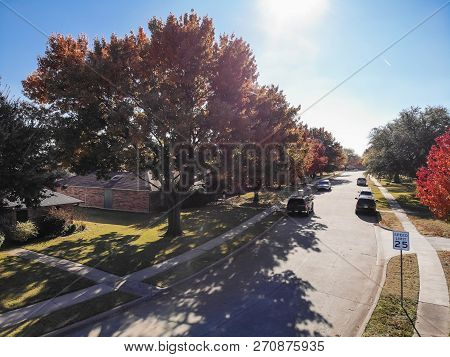 Aerial View Residential Neighborhood In Fall Season In Texas, America