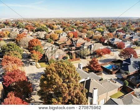 Top View Residential Neighborhood With Swimming Pool In Fall Season In Texas, America