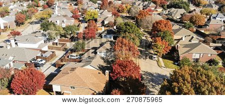 Panoramic Aerial View Residential Neighborhood In Fall Season In Texas, America