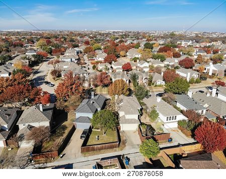 Aerial View Residential Neighborhood In Fall Season In Texas, America