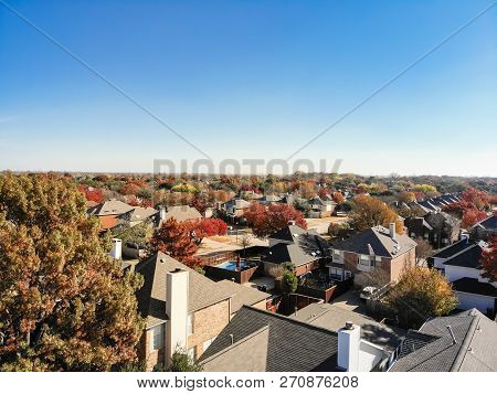 Top View Residential Neighborhood With Swimming Pool In Fall Season In Texas, America