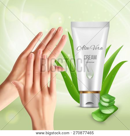 Aloe Vera Background With Human Hands Inuncting Cream Moisturizer With Images Of Aloe Plant And Tube