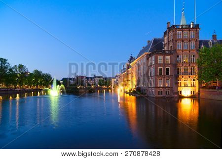 View Of Binnenhof - Dutch Parliament At Night Over Pond, Hague Holland