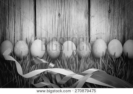 Easter, Easter Eggs, Green Grass, Wooden Background, Authentic Easter Decorations.