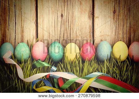 Easter, Easter Eggs, Green Grass, Wooden Background, Authentic Easter Decorations.