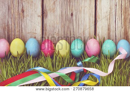 Easter, Easter Eggs, Green Grass, Wooden Background, Authentic Easter Decorations.