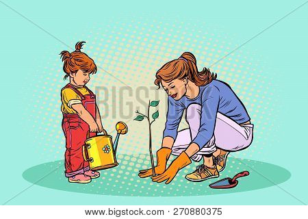Mother And Daughter Working In The Garden, Planting A Seedling. Pop Art Retro Vector Illustration Vi