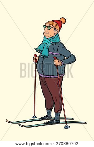 Skier Middle-aged Man, Hiking Skiing. Pop Art Retro Vector Illustration Vintage Kitsch