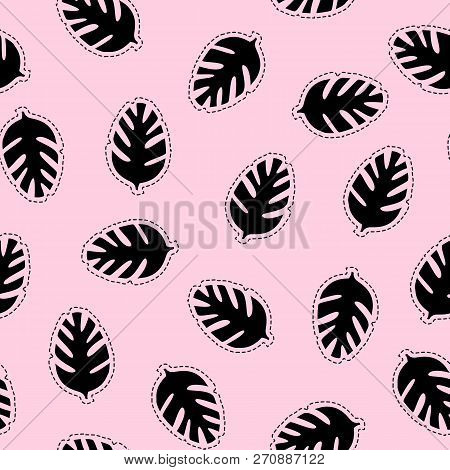 Silhouette Black Tropical Leaf Sticker Minimal Seamless Pattern. Vector Illustration Isolated On A P