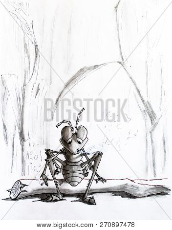Pencil Drawing. A Tired Ant Sat On A Log And Smokes. Senseless Life