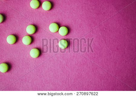 Small Yellow Orange Beautiful Medical Pharmaceptic Round Pills, Vitamins, Drugs, Antibiotics On A Pi