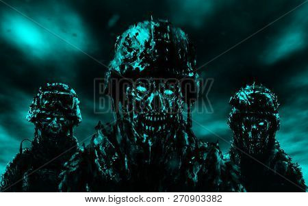 Three Soldiers Zombies In Helmets Stand Against A Dark Sky.