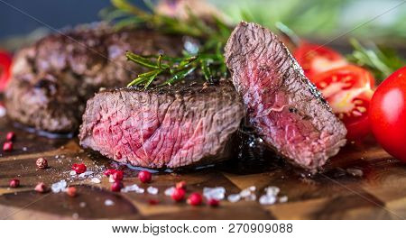 Fresh Juicy Medium Rare Beef Grillsteak. Barbecue Meat Close Up