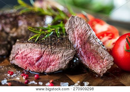 Fresh Juicy Medium Rare Beef Grillsteak. Barbecue Meat Close Up