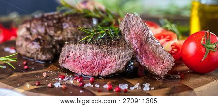 Fresh Juicy Medium Rare Beef Grillsteak. Barbecue Meat Close Up