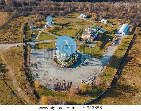 Radio Telescope Satellite Dish, Aerial View From Drone. Radio Astronomy Observatory Zelenchukskaya, 