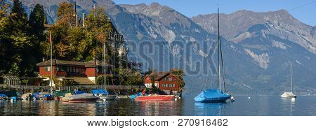 Brienz, Switzerland - Oct 21, 2018. Beautiful Town Near The Lake Brienz, Switzerland. The Turquoise 